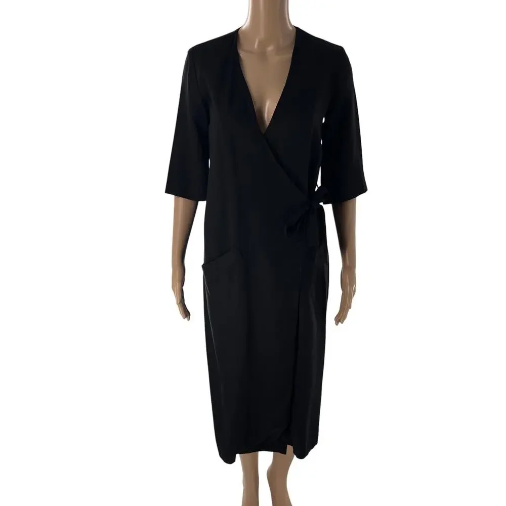 First Rite Black Crossover Half Sleeve Tencel Midi Wrap Dress